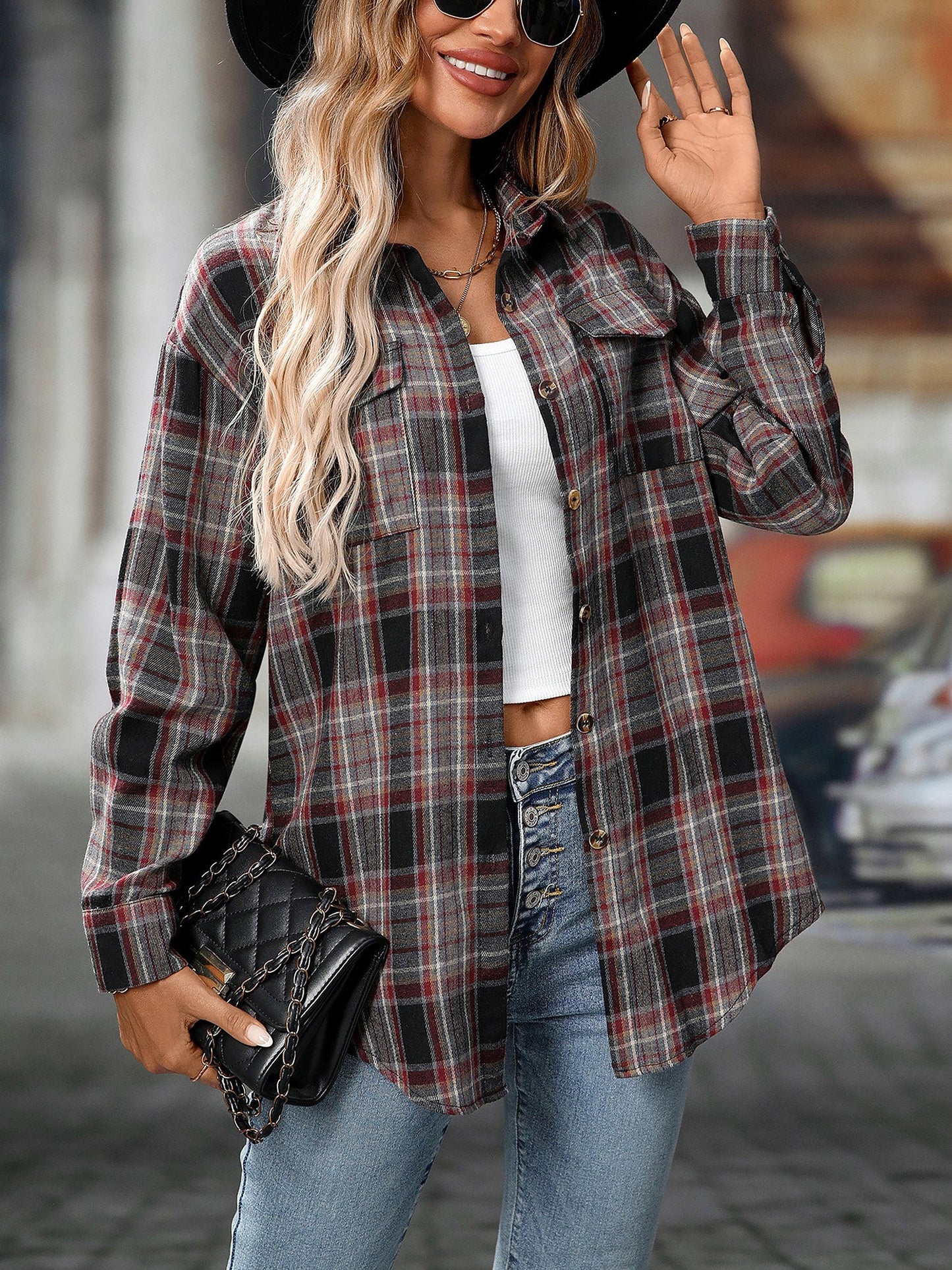 Plaid Turn Down Collar Long Sleeves Pocketed Shirt