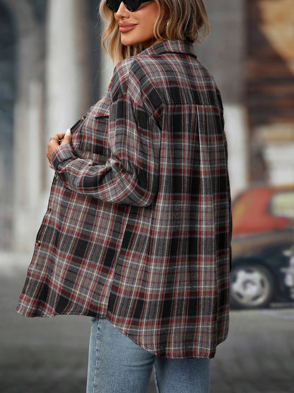 Plaid Turn Down Collar Long Sleeves Pocketed Shirt