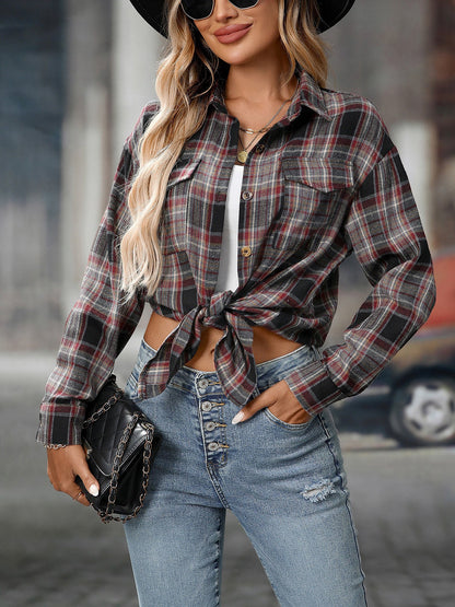 Plaid Turn Down Collar Long Sleeves Pocketed Shirt