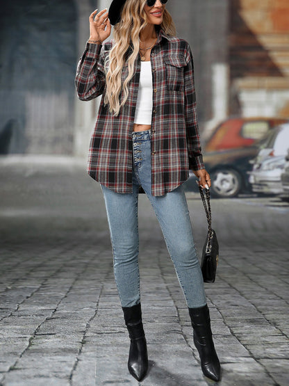 Plaid Turn Down Collar Long Sleeves Pocketed Shirt