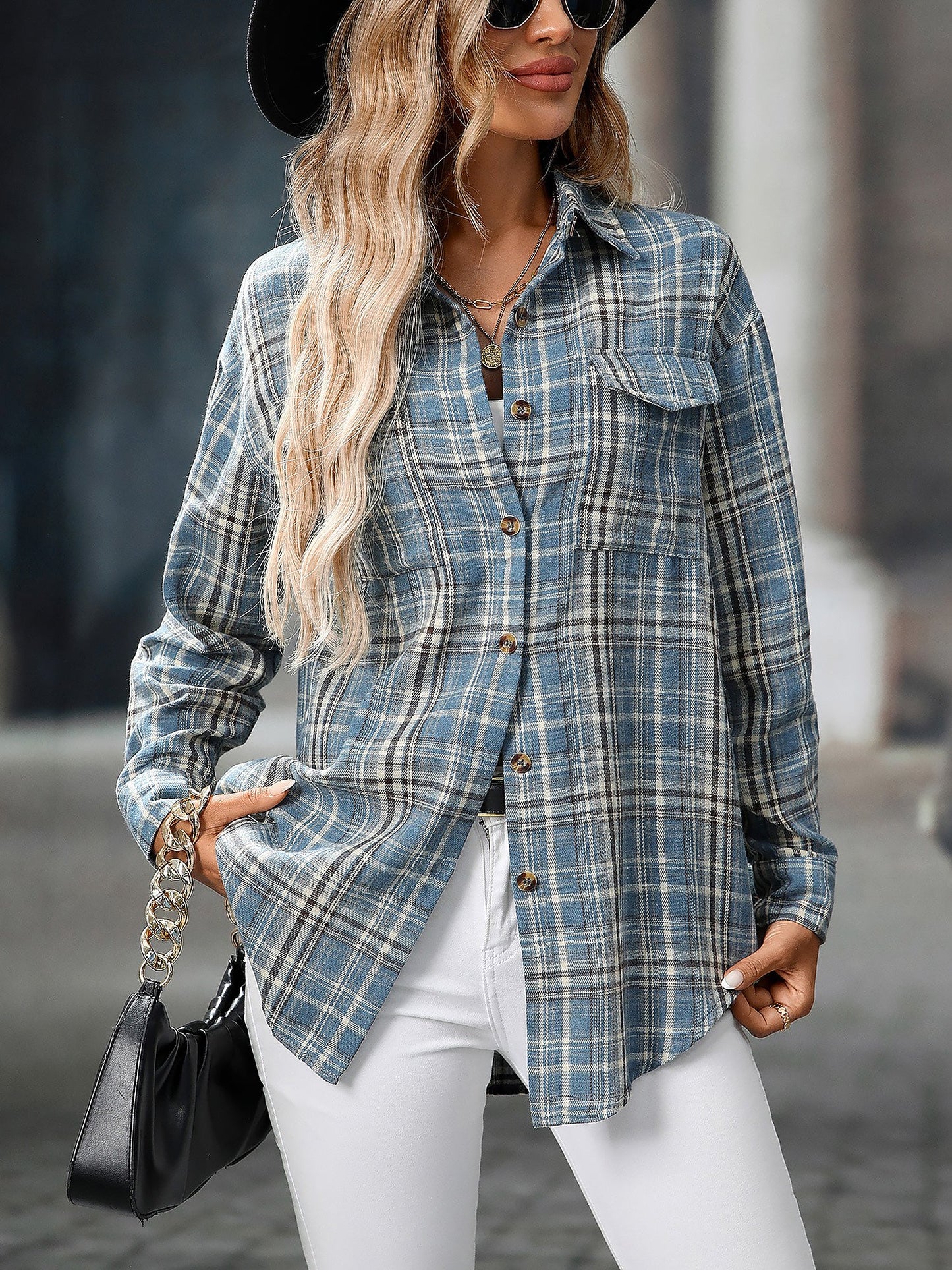 Plaid Turn Down Collar Long Sleeves Pocketed Shirt
