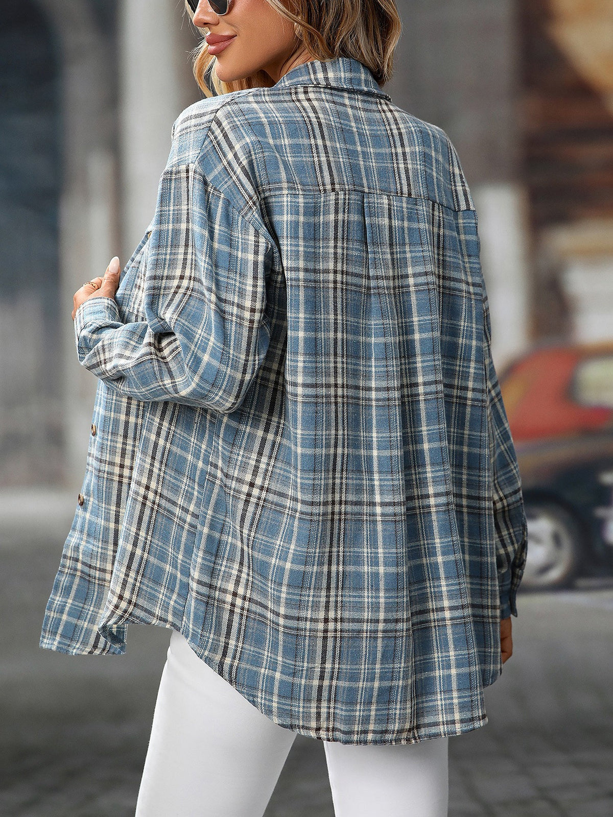 Plaid Turn Down Collar Long Sleeves Pocketed Shirt