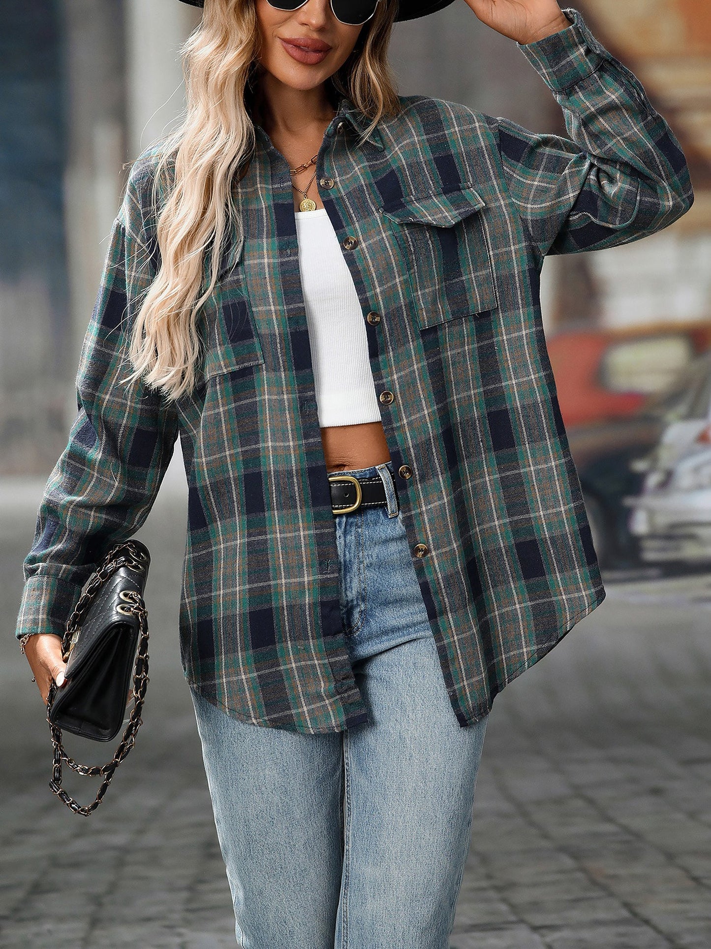 Plaid Turn Down Collar Long Sleeves Pocketed Shirt