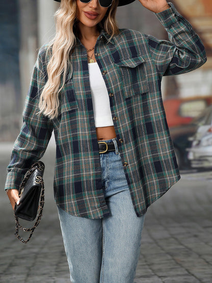 Plaid Turn Down Collar Long Sleeves Pocketed Shirt