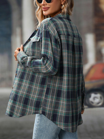 Plaid Turn Down Collar Long Sleeves Pocketed Shirt