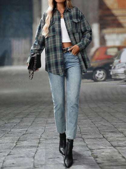 Plaid Turn Down Collar Long Sleeves Pocketed Shirt