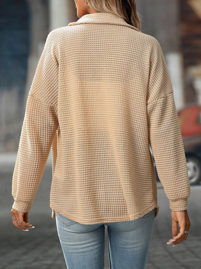 Waffle Textured Solid Color Long Sleeve Shirt