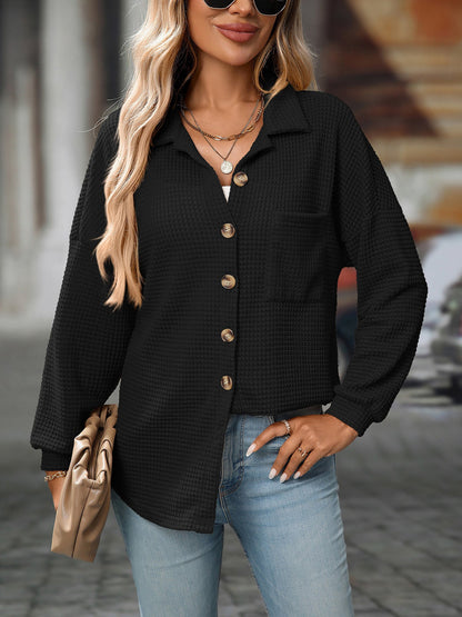 Waffle Textured Solid Color Long Sleeve Shirt