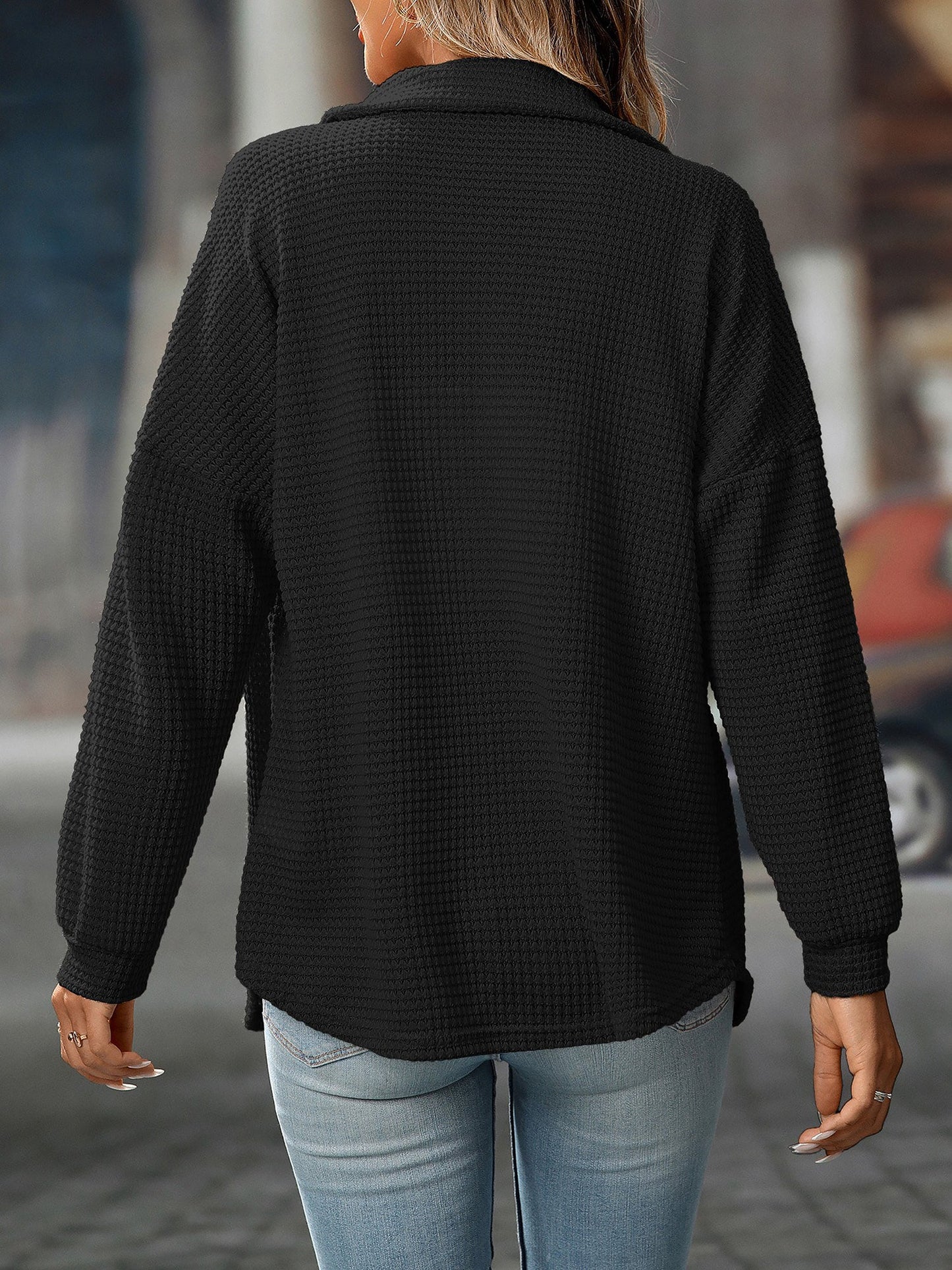 Waffle Textured Solid Color Long Sleeve Shirt