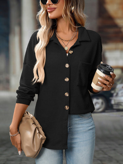 Waffle Textured Solid Color Long Sleeve Shirt