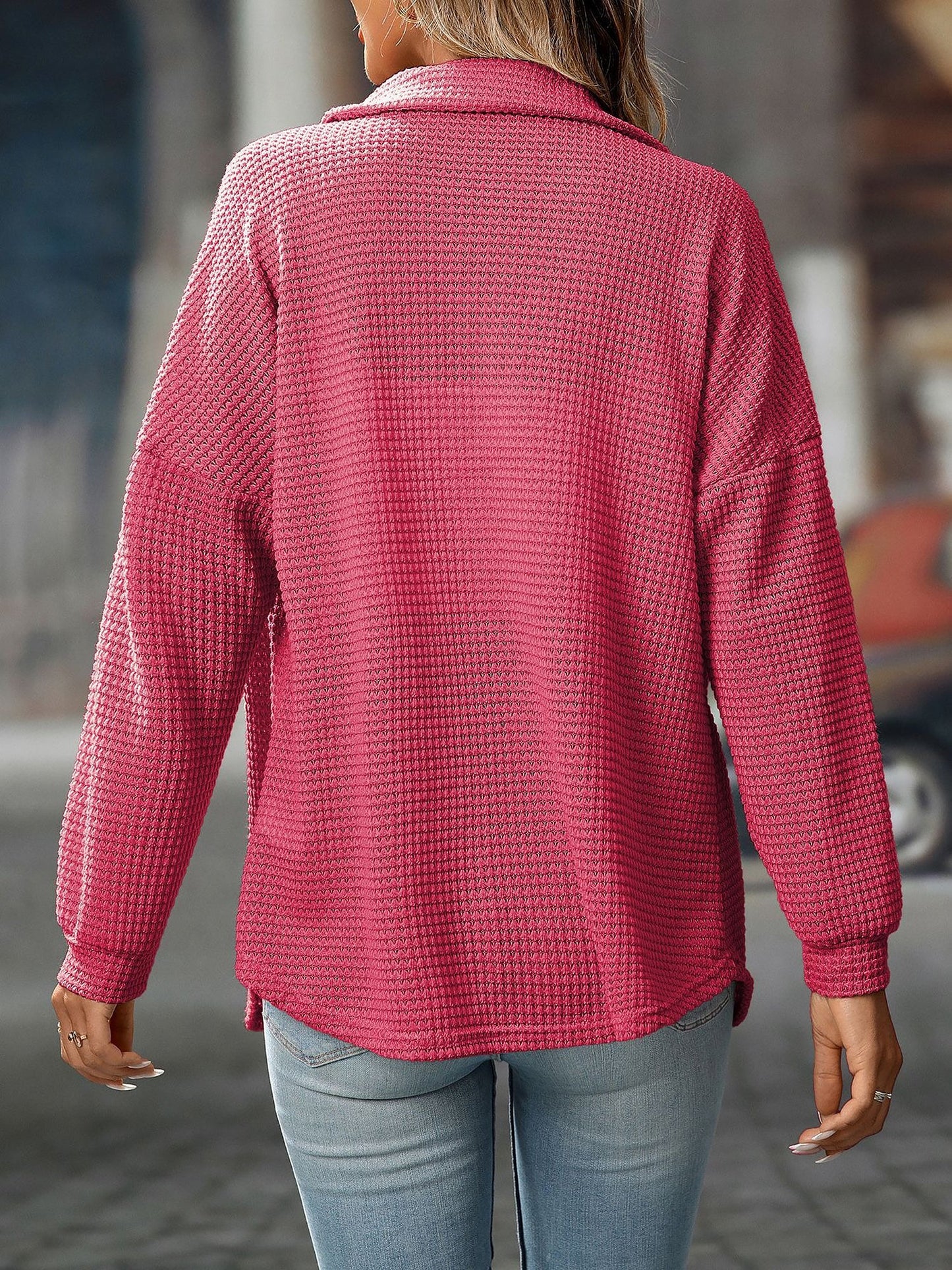 Waffle Textured Solid Color Long Sleeve Shirt