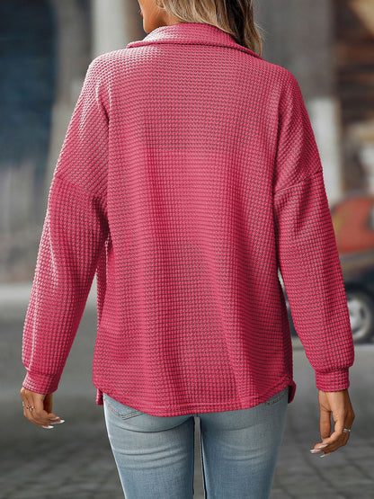 Waffle Textured Solid Color Long Sleeve Shirt