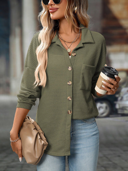 Waffle Textured Solid Color Long Sleeve Shirt