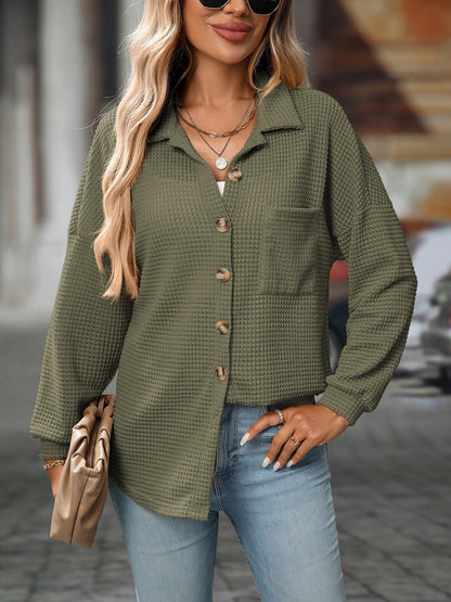 Waffle Textured Solid Color Long Sleeve Shirt
