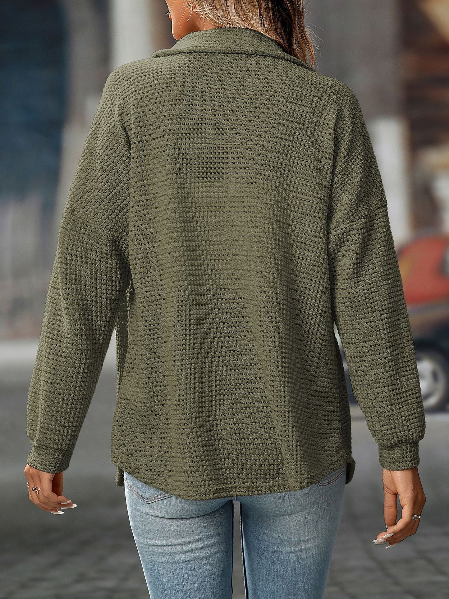 Waffle Textured Solid Color Long Sleeve Shirt