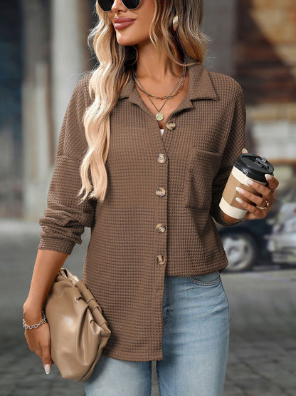 Waffle Textured Solid Color Long Sleeve Shirt