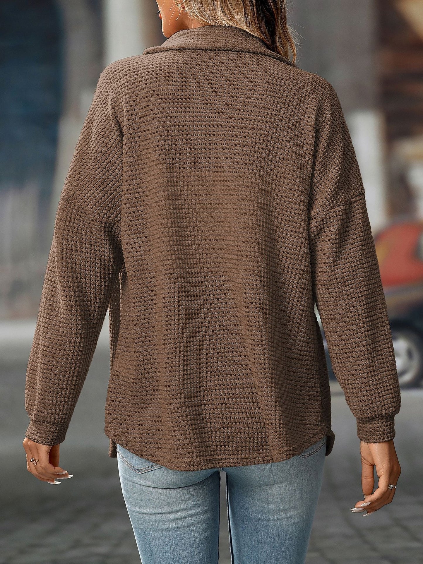 Waffle Textured Solid Color Long Sleeve Shirt