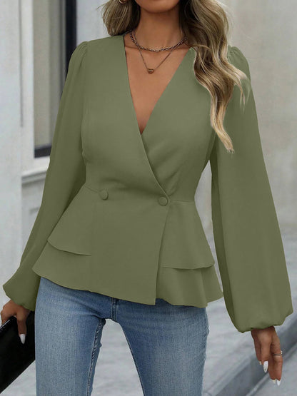 V Neck Puff Long Sleeves Solid Color Peplum Blouse