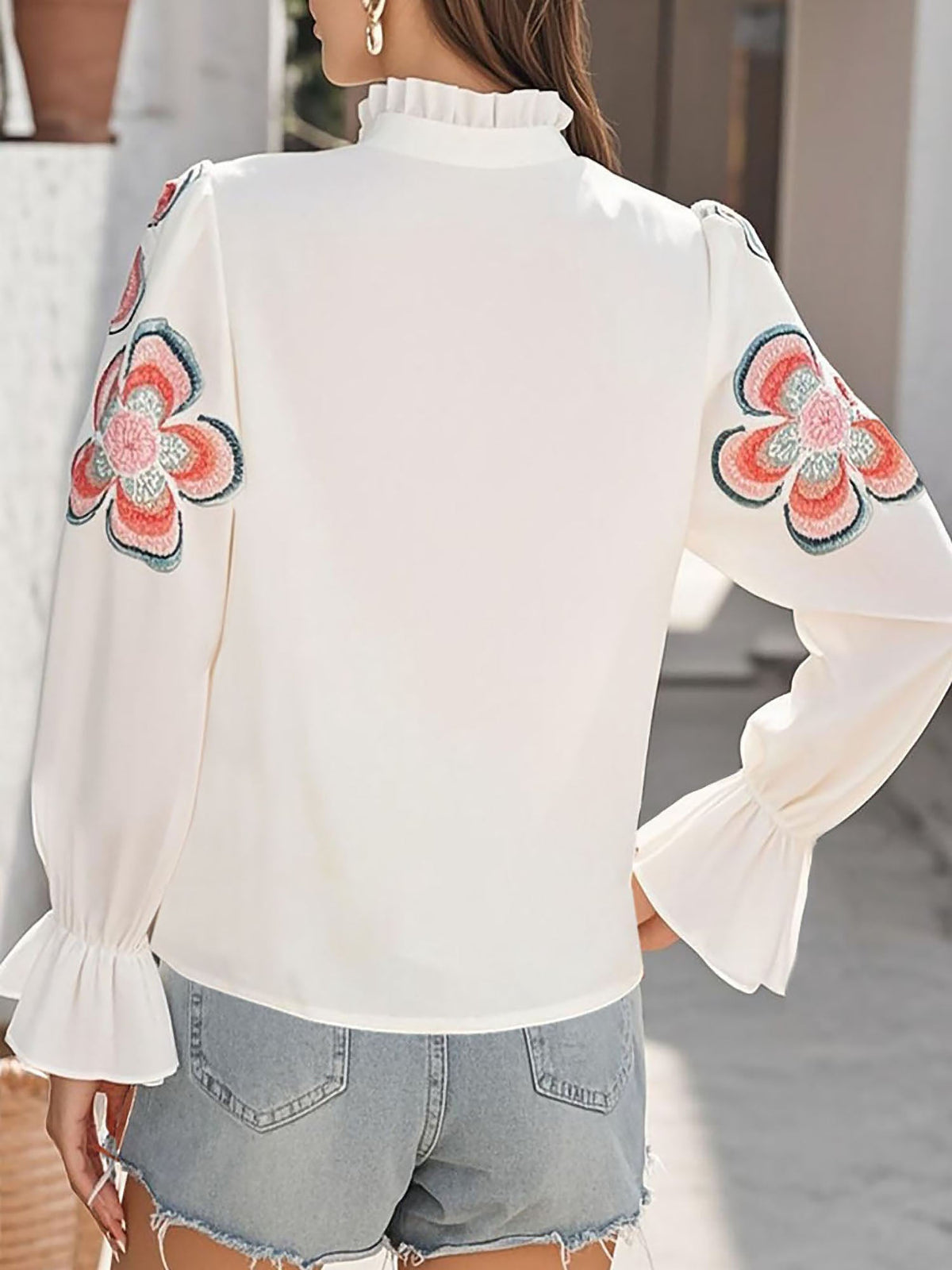 Ruffled Notch Neck Floral Puff Long Sleeves Blouse