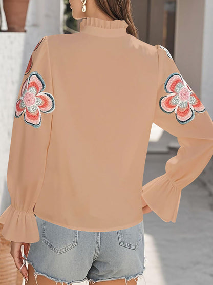 Ruffled Notch Neck Floral Puff Long Sleeves Blouse