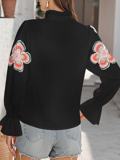 Ruffled Notch Neck Floral Puff Long Sleeves Blouse