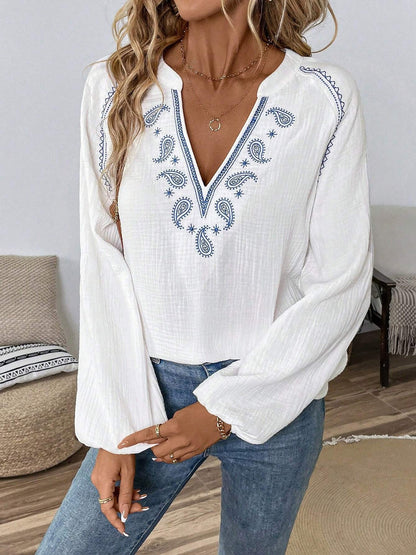 Embroidered Boho Paisley Lantern Sleeves Blouse