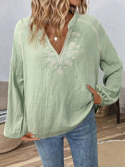 Embroidered Boho Paisley Lantern Sleeves Blouse