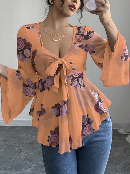 Floral Lace-Up Bow Long Sleeve Babydoll Blouse