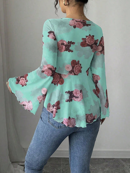 Floral Lace-Up Bow Long Sleeve Babydoll Blouse