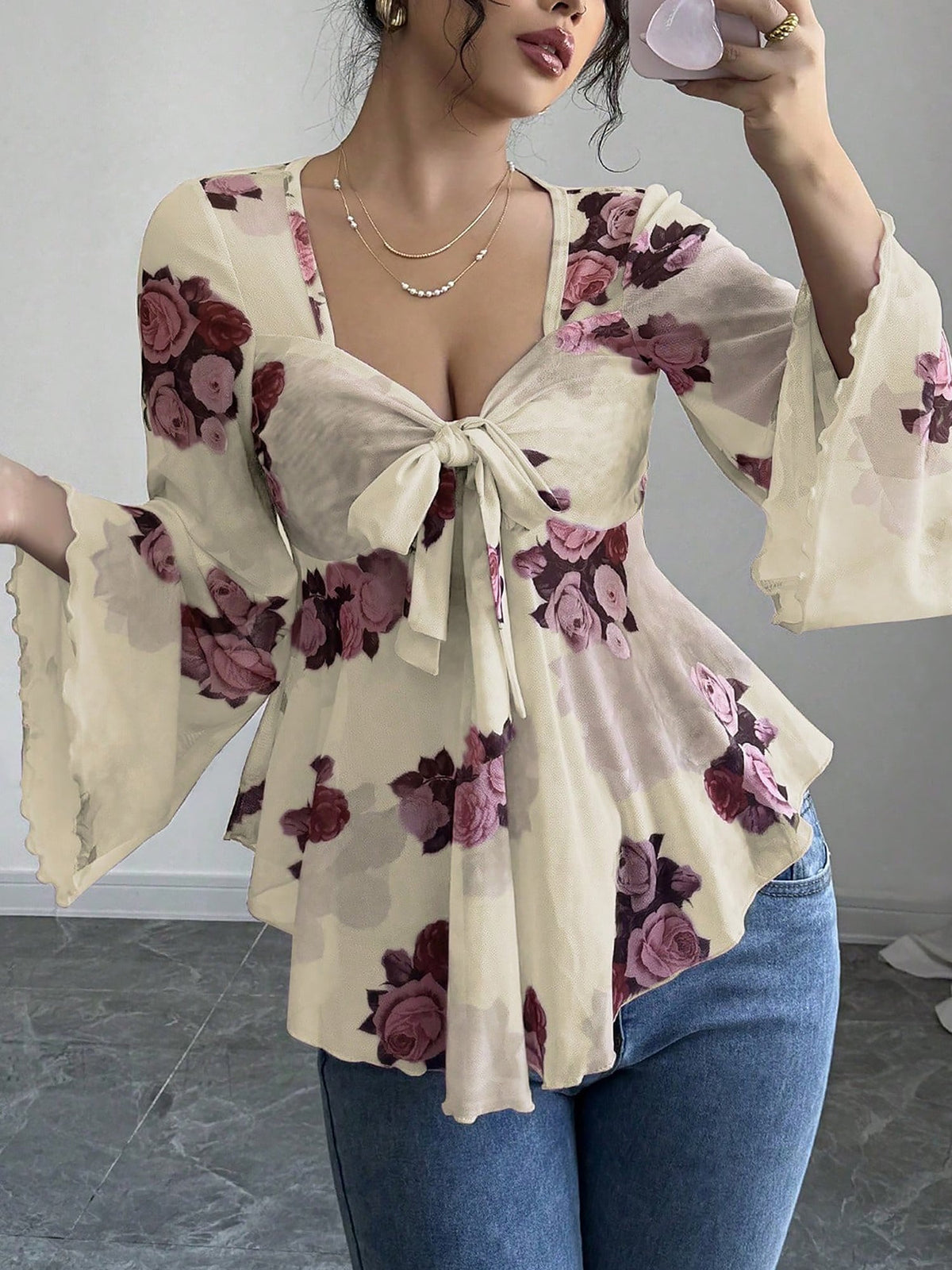 Floral Lace-Up Bow Long Sleeve Babydoll Blouse