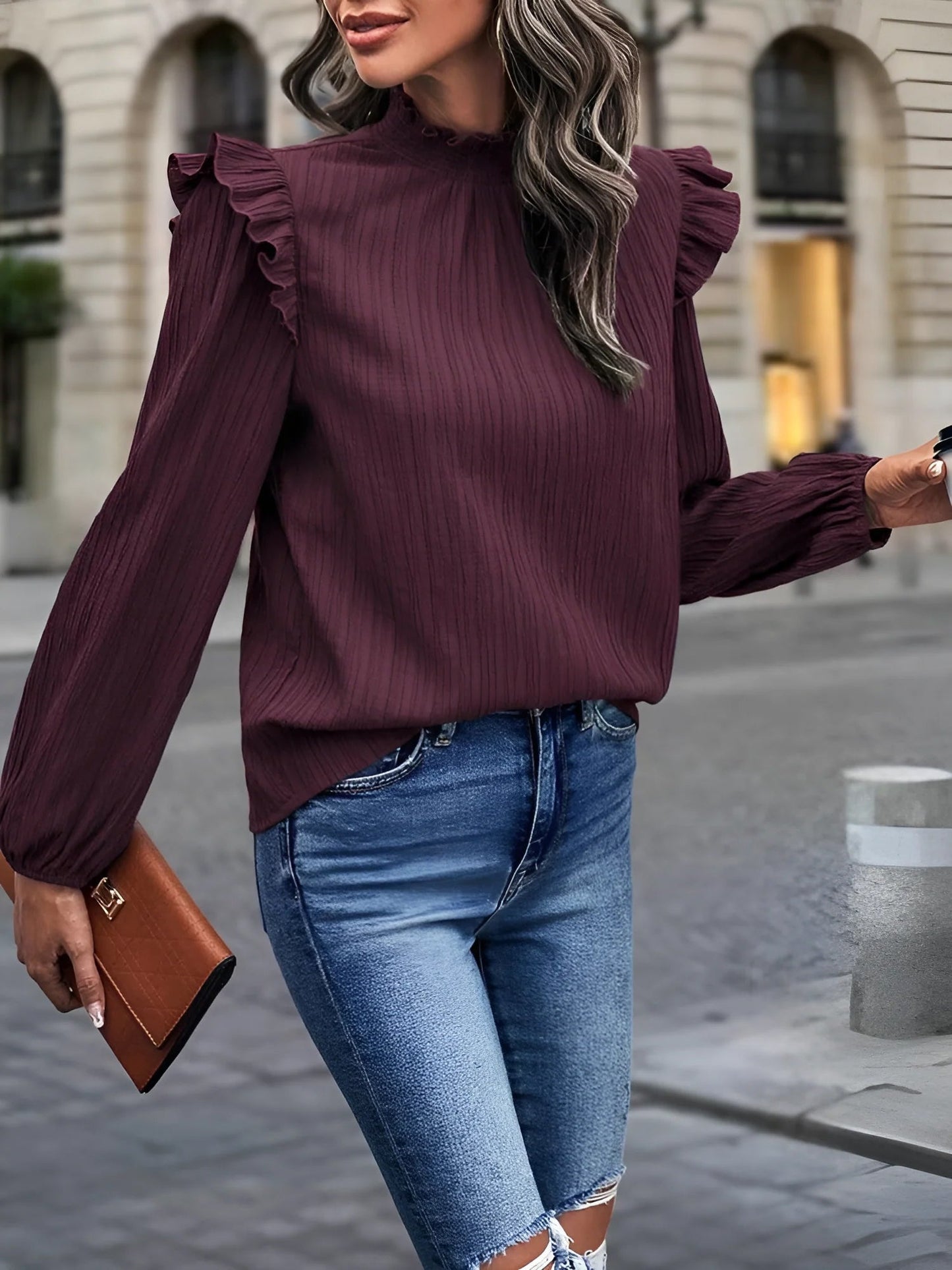Ruffled Mock Neck Lantern Sleeves Textured Blouse