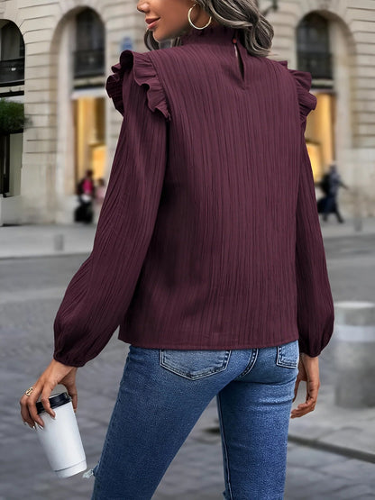 Ruffled Mock Neck Lantern Sleeves Textured Blouse