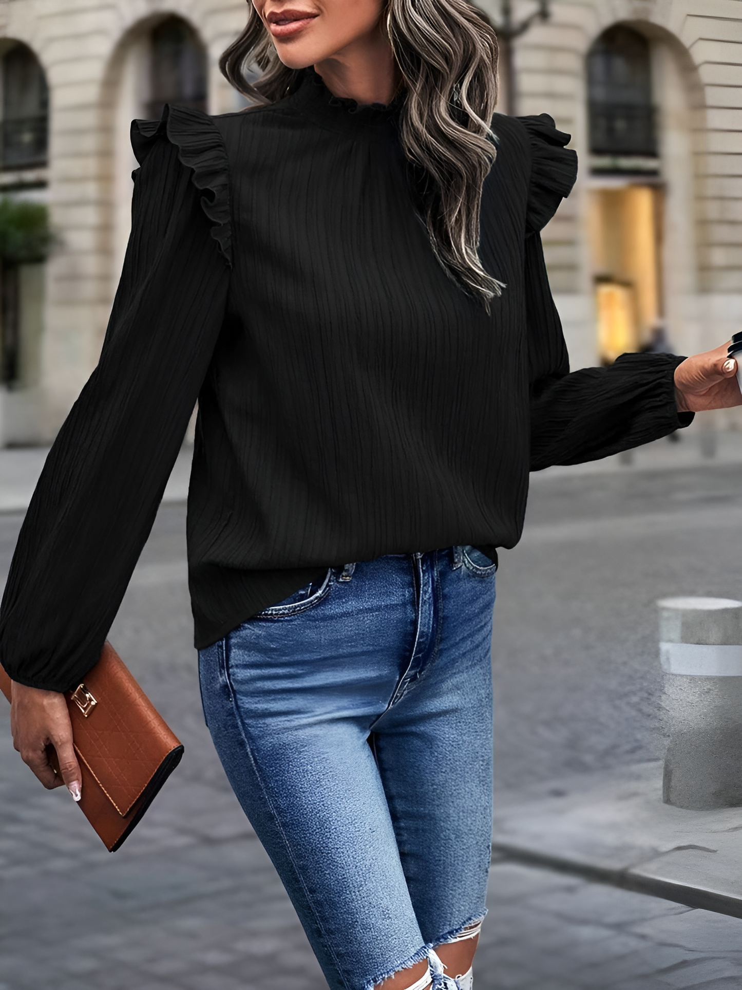 Ruffled Mock Neck Lantern Sleeves Textured Blouse