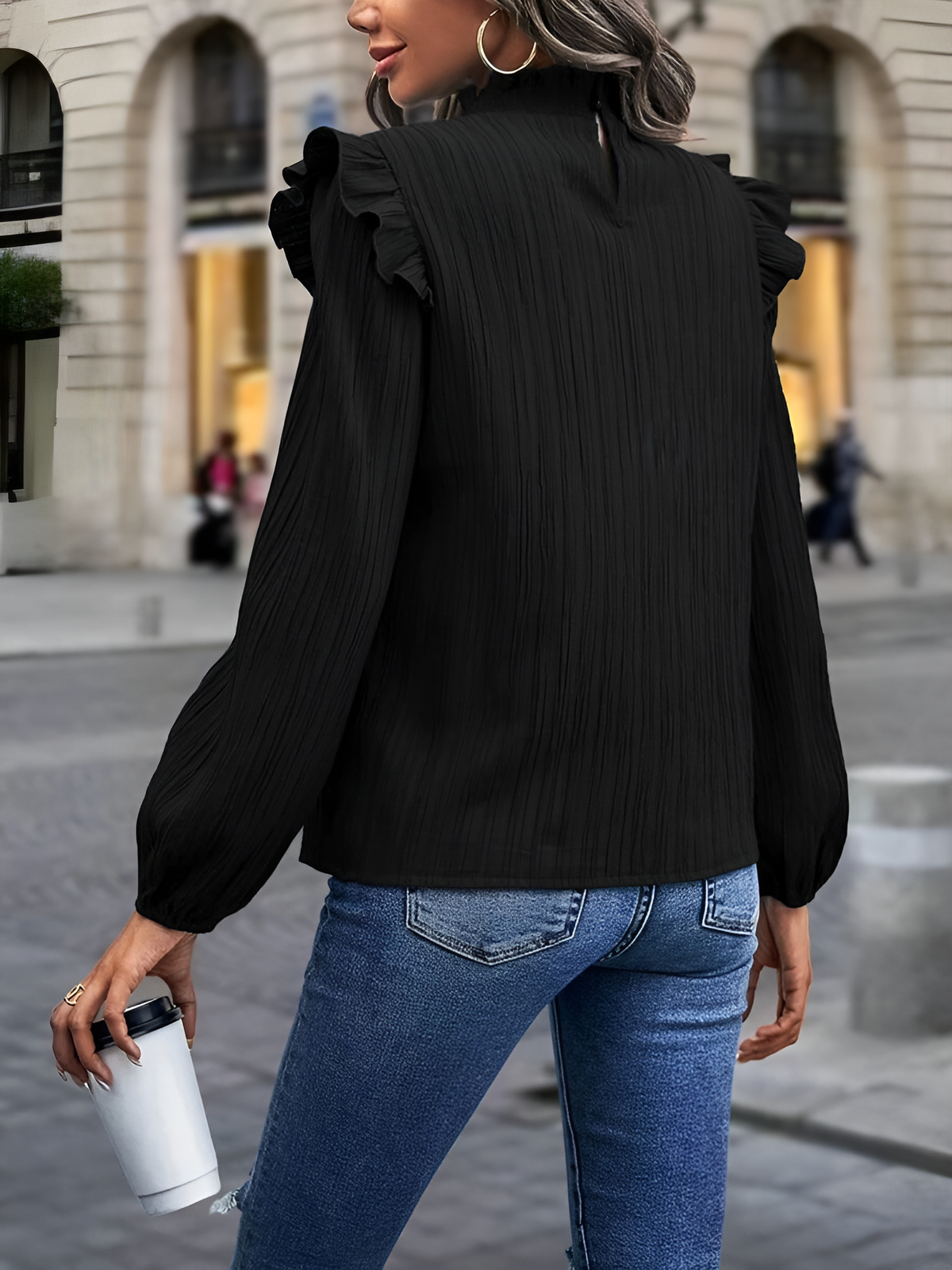 Ruffled Mock Neck Lantern Sleeves Textured Blouse