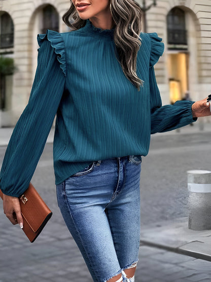 Ruffled Mock Neck Lantern Sleeves Textured Blouse