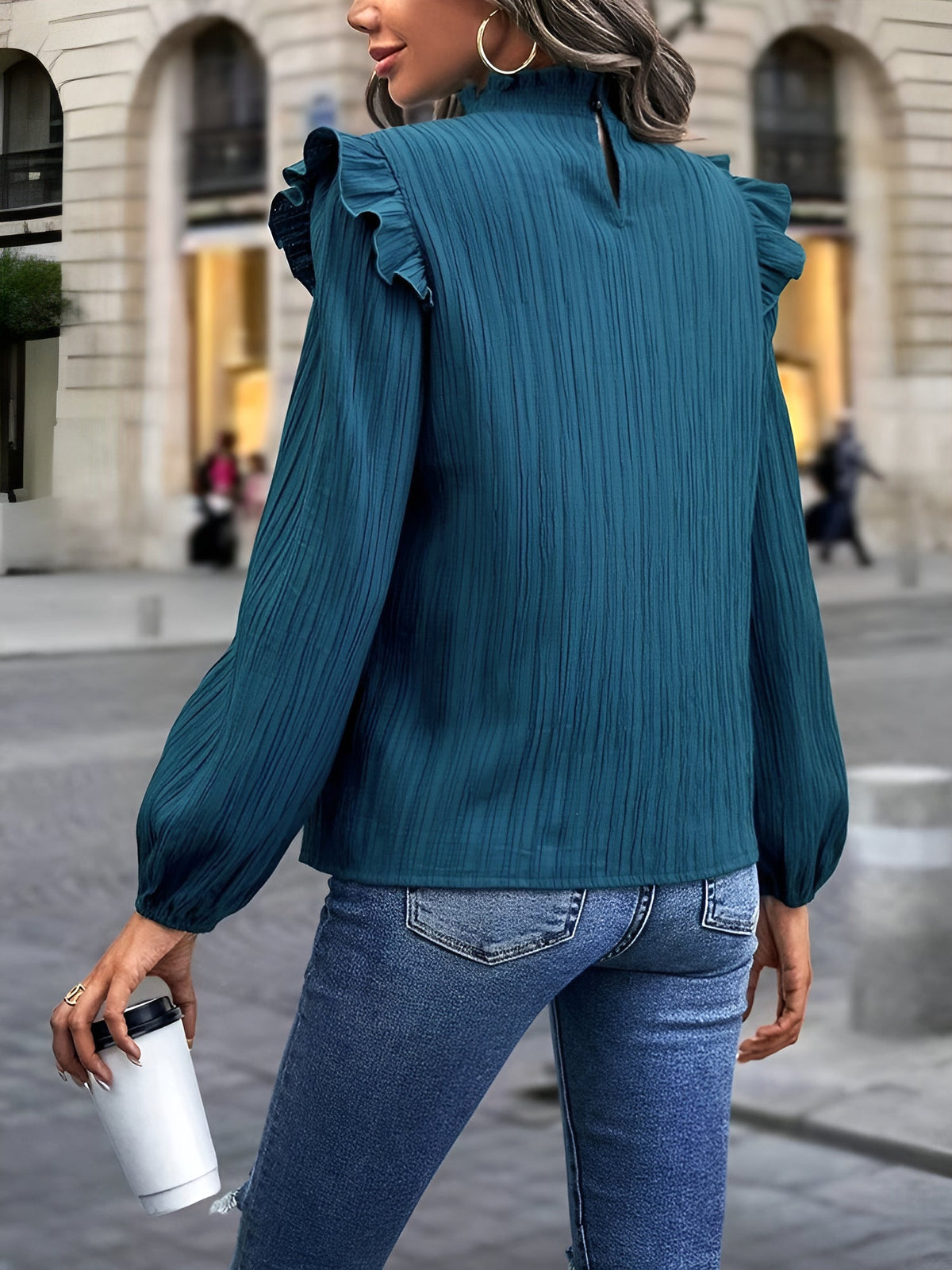 Ruffled Mock Neck Lantern Sleeves Textured Blouse