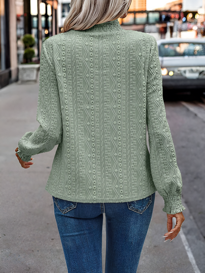 Smocked Mock Neck Long Sleeves Eyelet Blouse