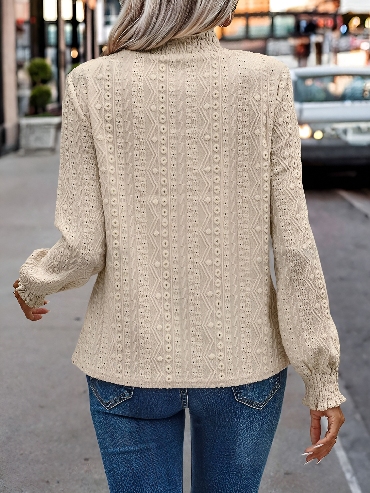 Smocked Mock Neck Long Sleeves Eyelet Blouse