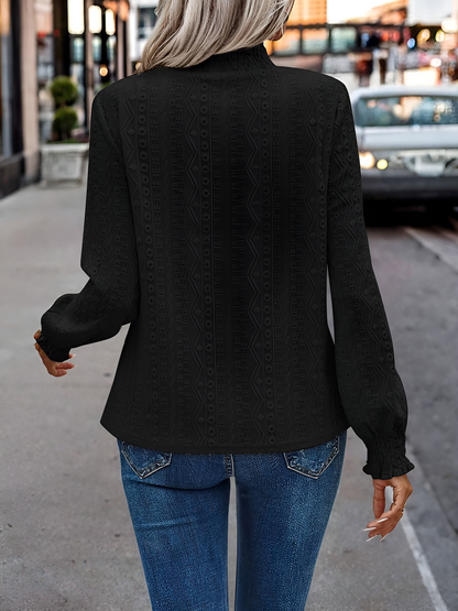 Smocked Mock Neck Long Sleeves Eyelet Blouse