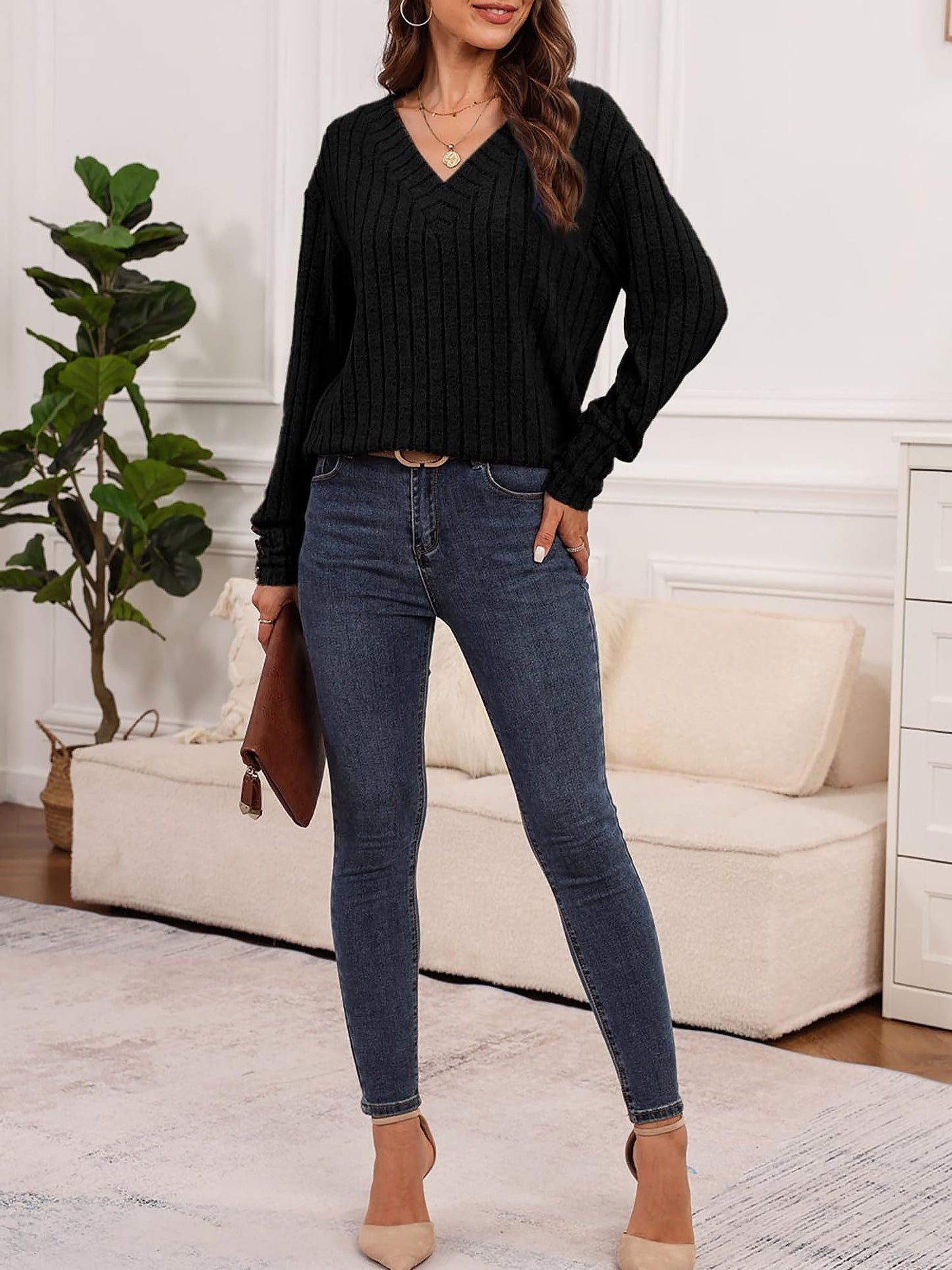 Long Sleeve V Neck Solid Color Button Decor Blouse