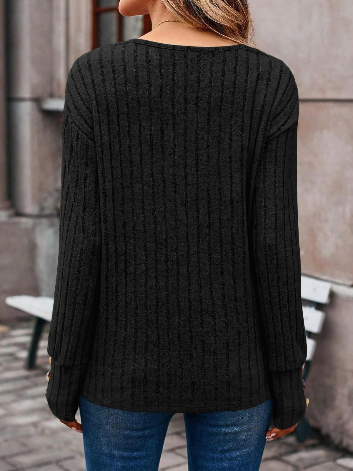 Long Sleeve V Neck Solid Color Button Decor Blouse