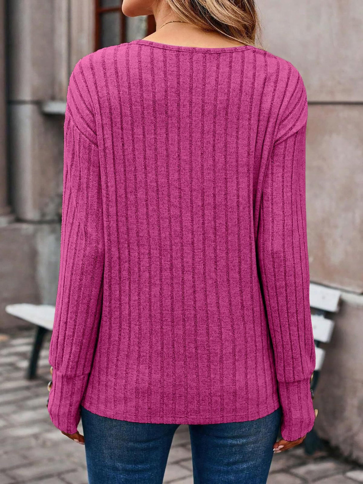 Long Sleeve V Neck Solid Color Button Decor Blouse