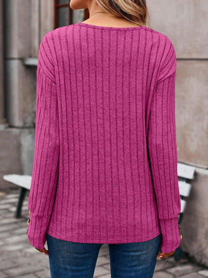 Long Sleeve V Neck Solid Color Button Decor Blouse