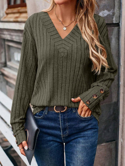 Long Sleeve V Neck Solid Color Button Decor Blouse
