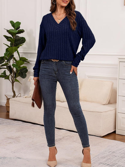 Long Sleeve V Neck Solid Color Button Decor Blouse