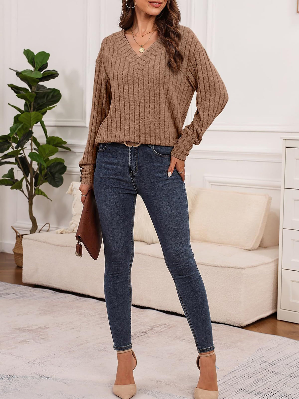 Long Sleeve V Neck Solid Color Button Decor Blouse