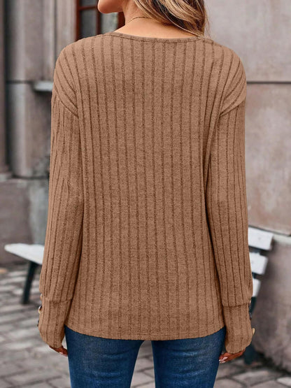 Long Sleeve V Neck Solid Color Button Decor Blouse