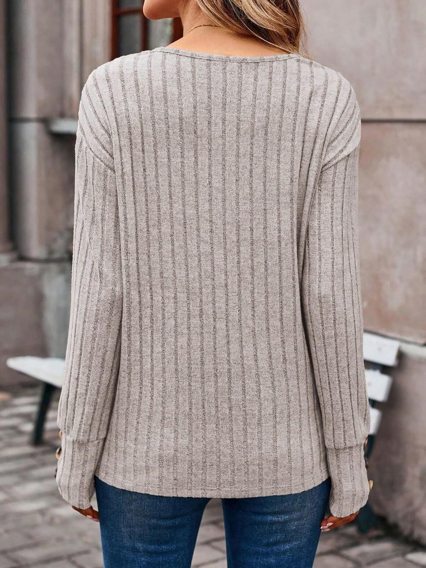 Long Sleeve V Neck Solid Color Button Decor Blouse