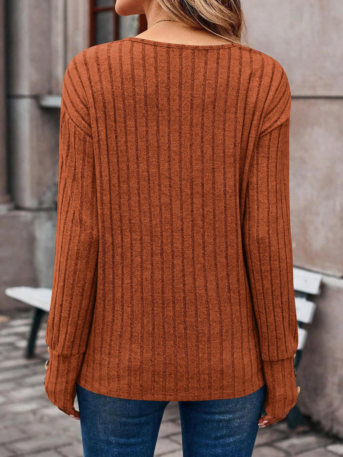 Long Sleeve V Neck Solid Color Button Decor Blouse