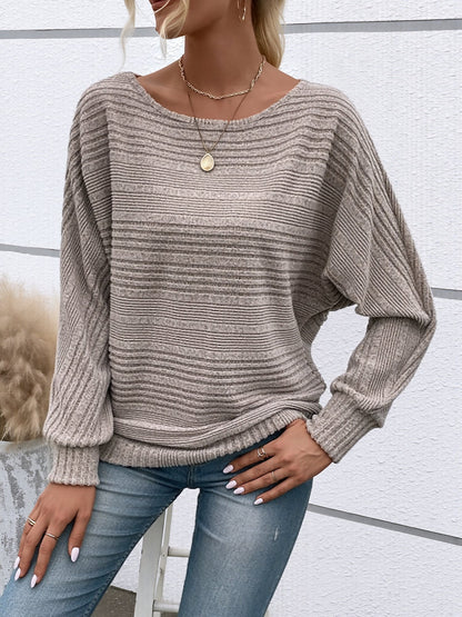 Round Neck Batwing Sleeve Solid Color Blouse